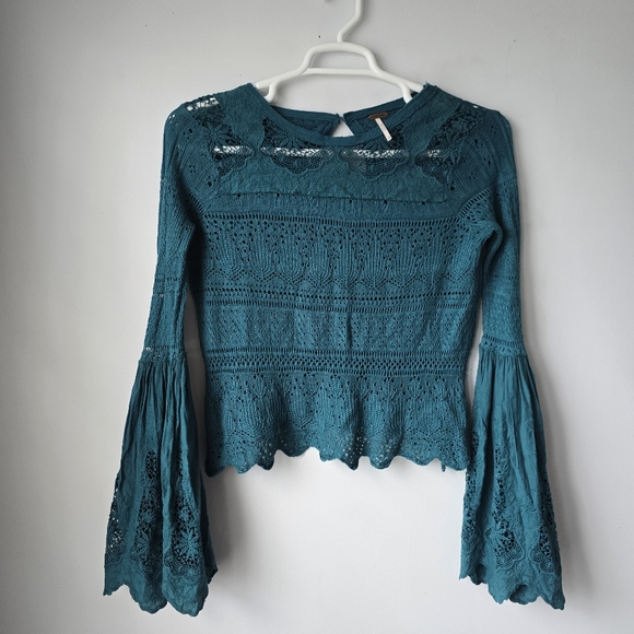 Free People Teal Lace Bell Sleeve Top XS - Picture 6 of 12